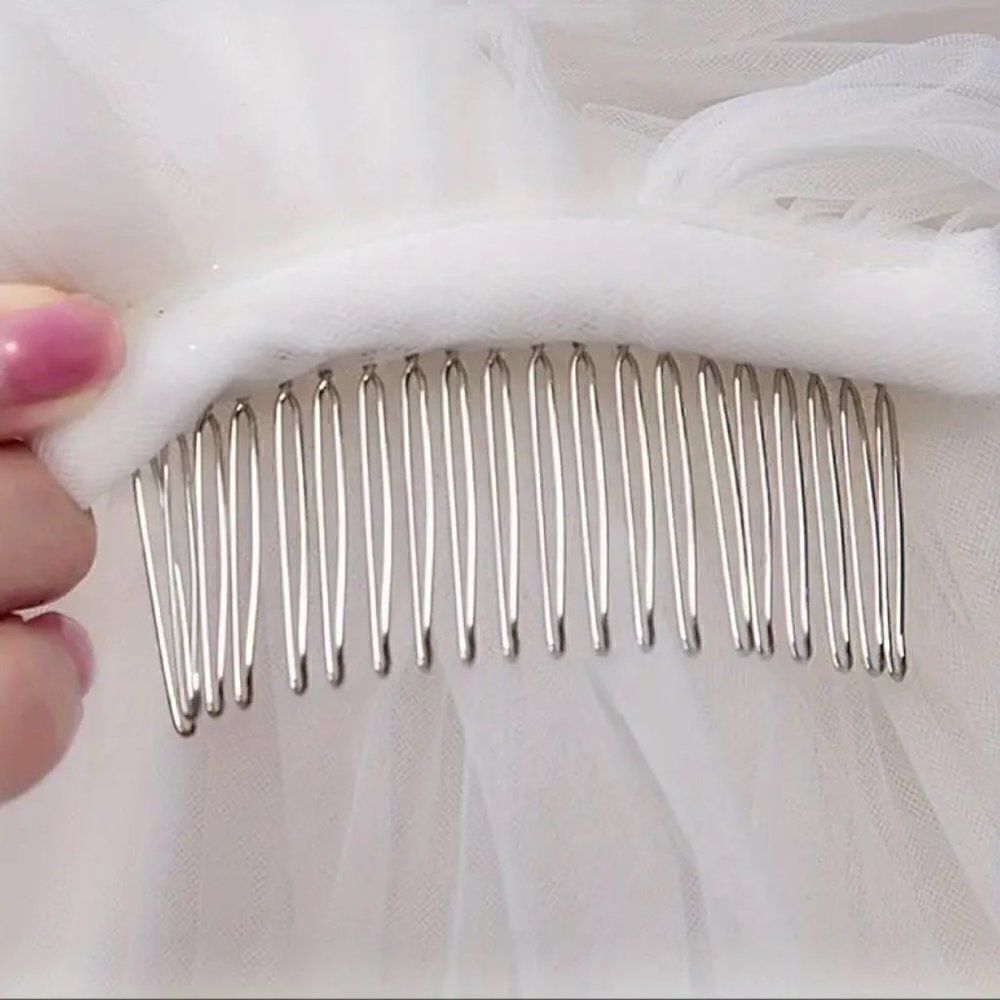 Embroidered Lace and Gems Edge Fingertip Bridal Wedding Veil White With Comb - Picture 7 of 8